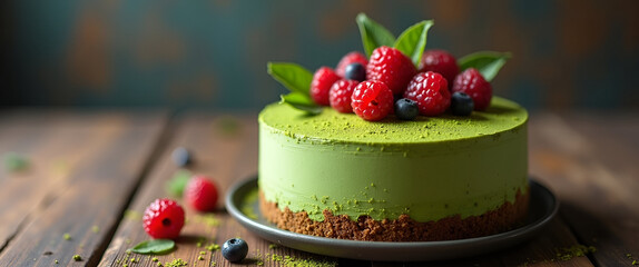 An elegant matcha cake, beautifully adorned with fresh berries and set against a rustic wooden table, with ample copy space available for marketing text and ideas.
