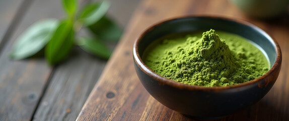 A serene, minimalistic setup featuring a bowl of ceremonial grade matcha tea, nestled on a wooden surface with ample negative space for branding insertion.