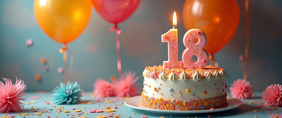 Celebrate the milestone of an 18th birthday with a beautifully decorated cake and vibrant decor, featuring ample copy space for personalized messages.