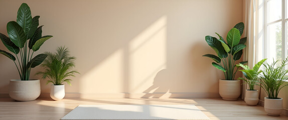 A serene meditation space adorned with calming colors and plants, perfectly organized to evoke healing energy, allowing for ample copy space for text placement.