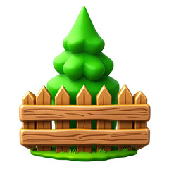 Charming cartoon illustration of a bright green tree behind a wooden fence, perfect for adding a playful touch to your project, evoking feelings of nature and childhood joy