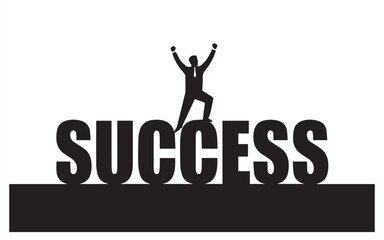Celebrate business success with this dynamic illustration of a triumphant figure standing atop the word SUCCESS, perfect for motivational content and leadership themes