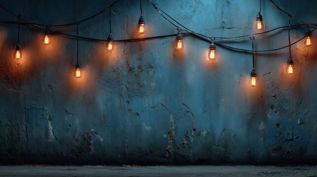 A dimly lit wall features hanging vintage light bulbs, casting a warm glow against a textured blue background.