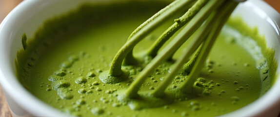 A dynamic close-up of matcha being whisked in a bowl, showcasing its vibrant green hue along with text-friendly negative space for health tips and promotional content.