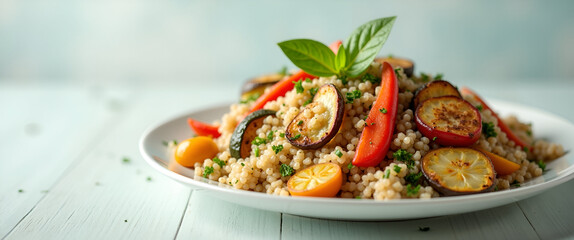 A simple yet elegant plate of quinoa served with grilled veggies, highlighting the principles of healthy nourishment, set against a bright and airy background with copy space.