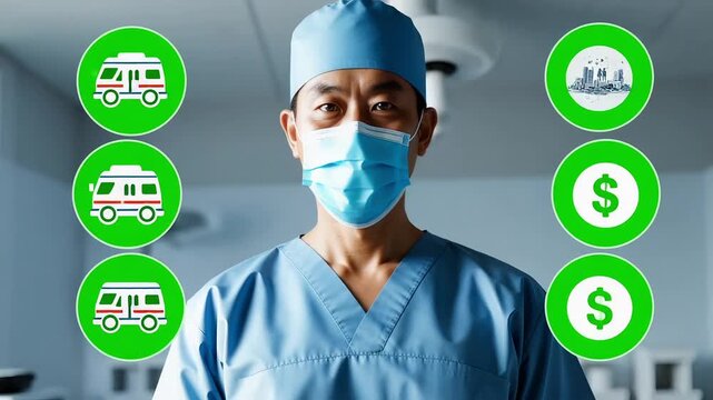 Dedicated surgeon in scrubs and mask surrounded by healthcare and financial symbols