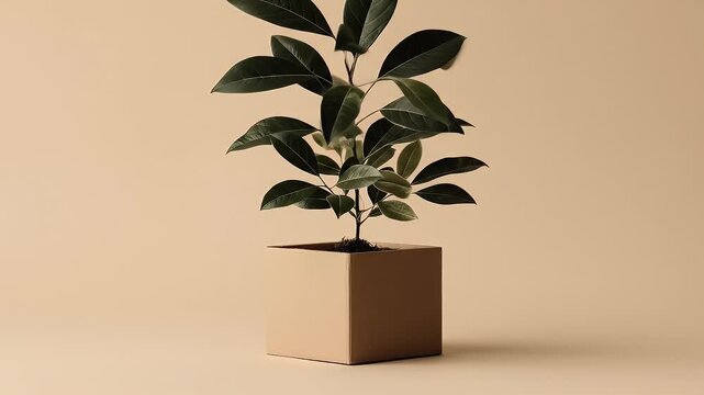 Minimalist plant in a beige cube pot against a beige background