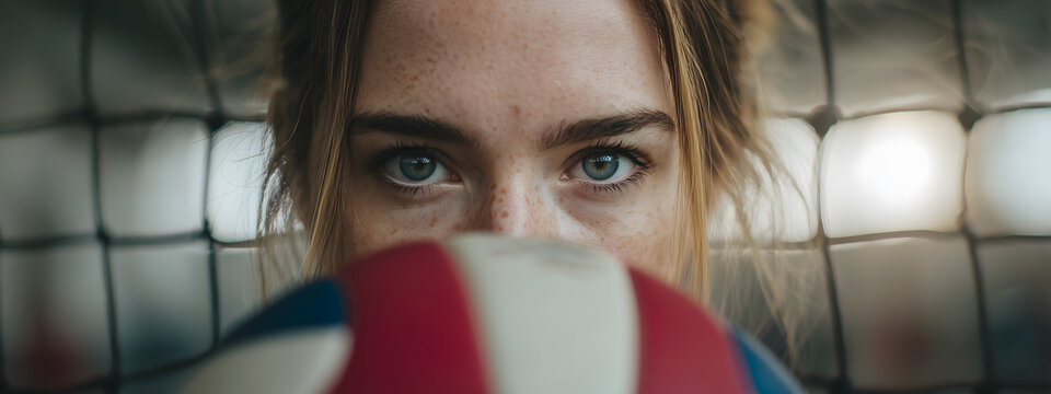 Close up of focused young woman's intense eyes, partially obscured by volleyball