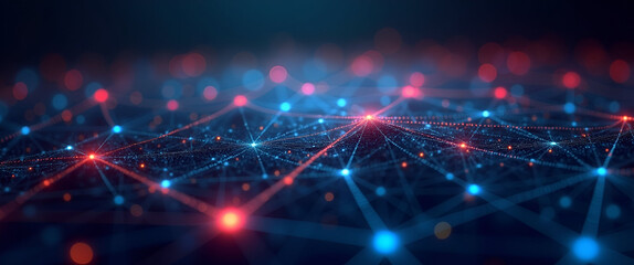 An artistic visualization of the fintech ecosystem with interconnected networks depicted through vibrant colors and structured lines, providing ample negative space for branding and campaign text.