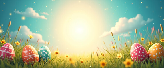 A festive portrayal of Easter Sunday, celebrating resurrection with bright colors, lively atmosphere and a spacious area for copy text that invites engagement.