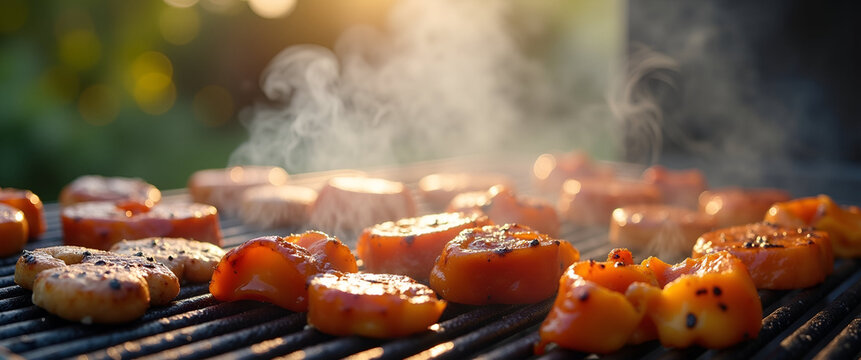 A close-up of grilling food at a cheerful backyard barbecue event, infused with bright colors and ample space for copy while feeling inviting and warm.