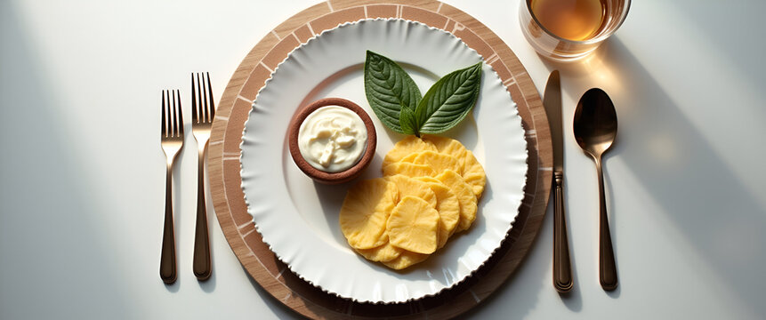 An elegant arrangement of the Passover symbolic plate, using a minimalistic approach to accentuate each item, ensuring leading lines are present to guide the viewers gaze.