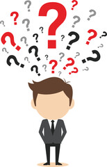 Confused business character, question marks illustration, cartoon thinking pose, decision-making concept, colorful symbols, white background, problem-solving graphic, vector design