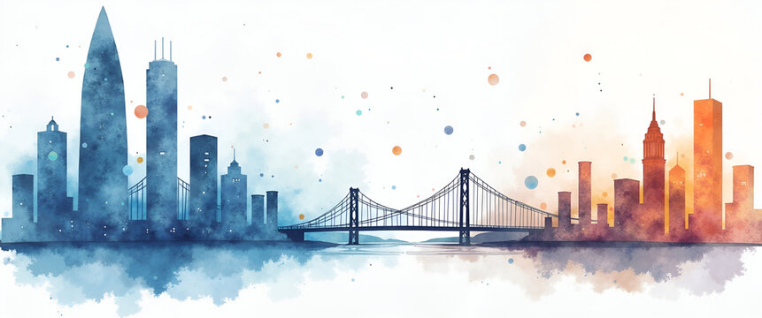 A detailed watercolor scene illustrating blockchain in digital transformation, using negative space to enhance key elements and invite viewer engagement.
