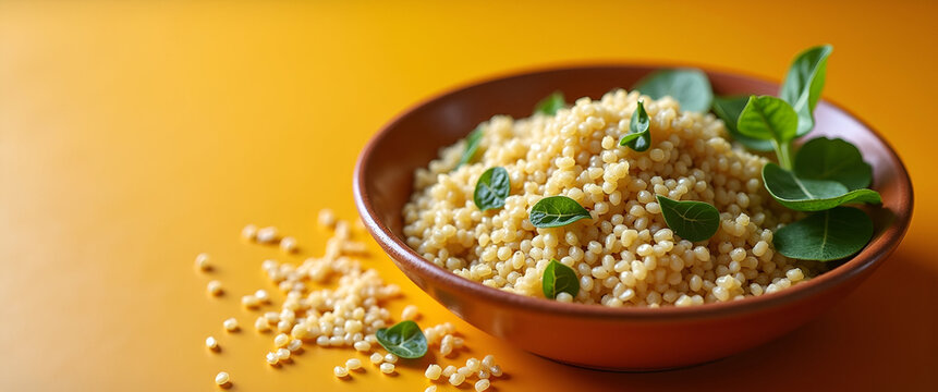 A stylish representation of quinoa as part of a healthy lifestyle, captured with an artistic flair, using negative space for headlines and marketing purposes.