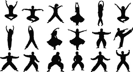 Dance and martial arts silhouette collection, expressive movement poses, black vector icons, human action design, performance illustration set