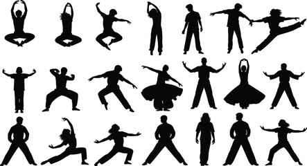 Dance silhouette collection, expressive movement poses, black vector icons, artistic body motion, human form illustration, performance design set