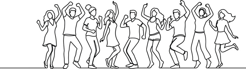 Dancing people, celebration silhouette, group joy, minimal line art, black vector, human motion, festive pose, abstract design, social interaction, fun