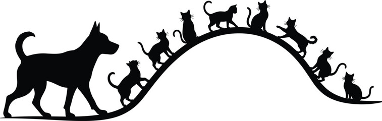 Dog and cats silhouette, curved hill path, animal group illustration, black vector design, white background, playful pet concept, artistic composition