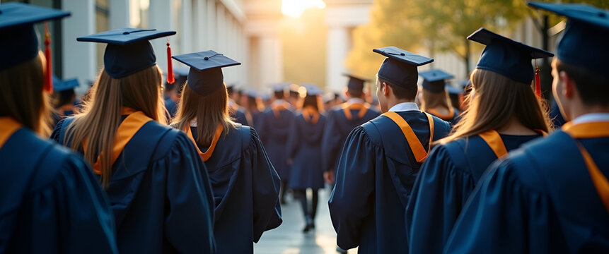 An impressive display of alumni gathered, engaging in conversation reflecting their graduation experience, framed with striking negative space for marketing use or personalization.