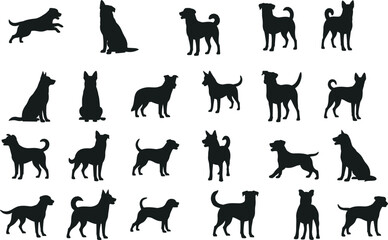 Dog silhouette collection, various breed poses, black vector icons, sitting, walking, running, jumping stance illustration, pet motion design set
