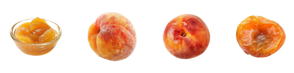 Fototapeta premium Peach fruit at different stages including fresh, frozen canned peaches