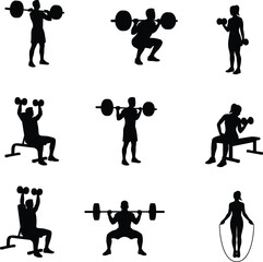Fitness silhouette collection, workout poses, gym exercise icons, strength training, cardio movement, black vector, active lifestyle, grid layout, minimal design