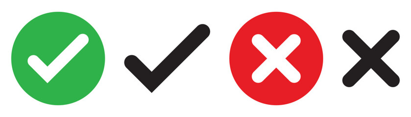 Obraz premium Set green approval check mark and red cross icons in circle and square, checklist signs, flat checkmark approval badge, isolated tick symbols