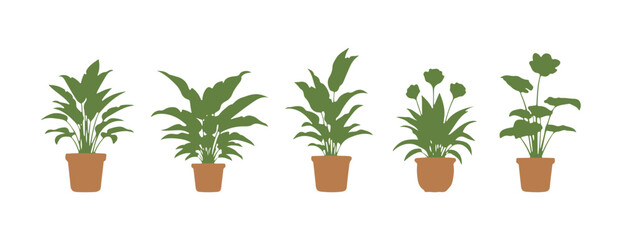 Colorful houseplants. Flowerpot garden symbols, indoor plants thriving in containers, leafy botanical decorations for office embellishment. Vector collection.