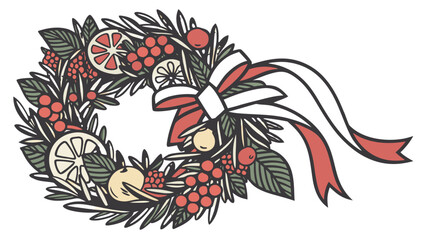 Obraz premium Christmas Wreath with Berries Citrus Slices and Ribbon Bow Vector, An illustration of a festive Christmas wreath decorated with red berries, orange and grapefruit slices, green leaves, and a red 