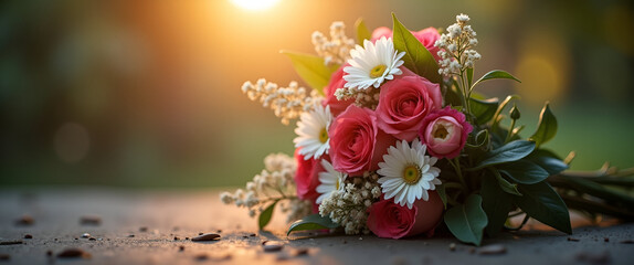 An evocative photo capturing moments of remembrance with a floral bouquet, set in a serene environment, allowing for subtle copy space, reflecting on emotions and memories.