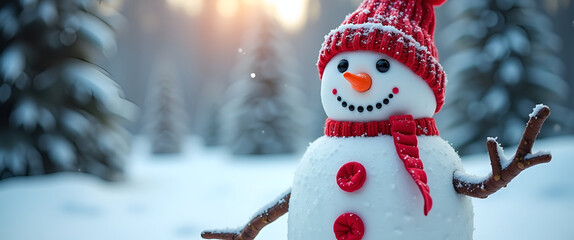 An engaging and playful snowman costume display, perfect for holiday events, showcasing bright colors and textures against a snowy backdrop with available copy space for promotions.