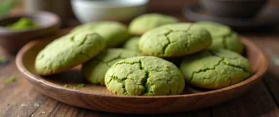 A close-up of freshly baked matcha cookies displayed on a wooden plate, enhanced with an evocative setting allowing ample copy space for dessert promotions and recipes.
