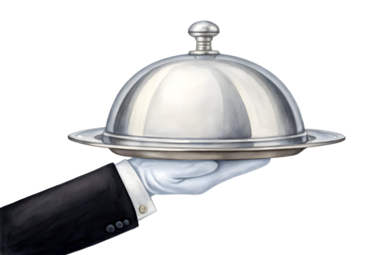 Watercolor Hand in glove holding silver serving dome isolated on a transparent background