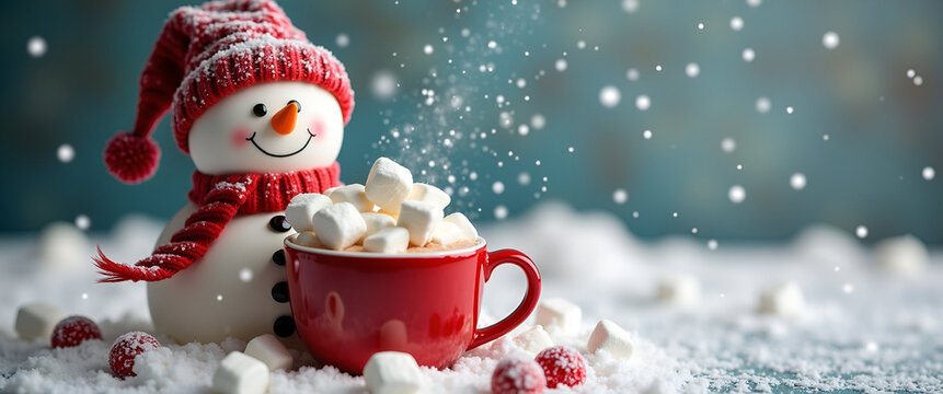 A whimsical snowman enjoying a cozy cup of hot chocolate, brightly decorated with marshmallows. Incorporate copy space for text in a candy-themed winter setup.
