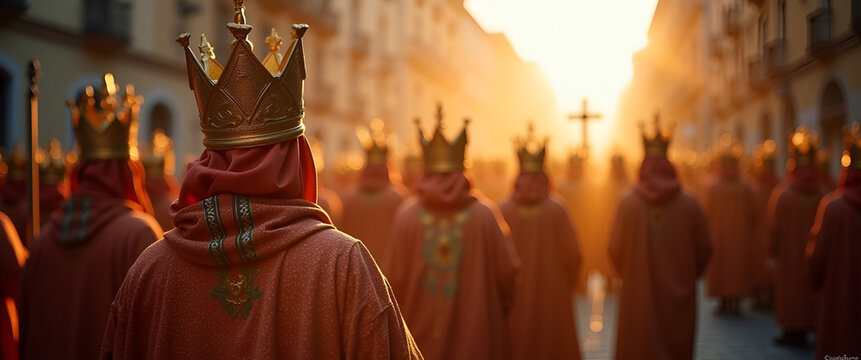 An evocative photography shot capturing a procession during Holy Week in Spain, highlighting cultural traditions, with space for captions and insights.