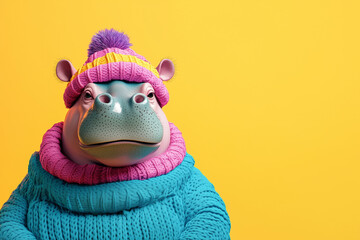 Colorful hippo wearing winter clothes on a clean banner background. Minimal and modern design with playful tones, perfect for cheerful seasonal visuals and creative layouts. web banner blog flyer