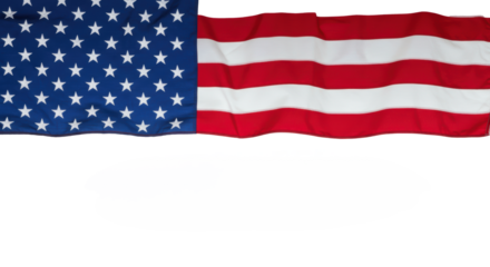 An american flag, vibrant red, white, and blue, crisply unfurled, textured fabric, on a transparent background with copy space below, symbol of american patriotism and national pride