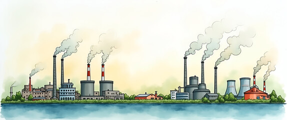 A pastel watercolor piece illustrating greenhouse gases being emitted from factories, with plenty of copy space around the central imagery for educational purposes.