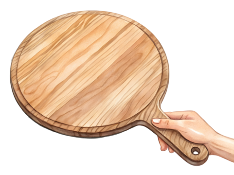 Watercolor Hand holding wooden pizza peel isolated on a transparent background