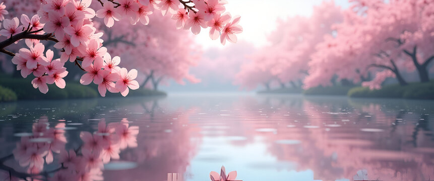Reflecting sakura blossoms create a beautiful mirror effect on still water, enhancing their elegance and allowing ample opportunity for originality and copy space placement.