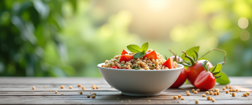 A tranquil scene featuring quinoa weight loss salad in a minimalist bowl set against a natural background, providing ample copy space for marketing or branding. - Powered by Adobe