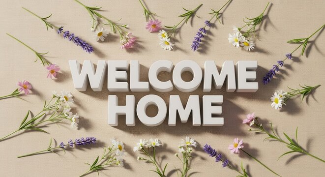 Welcome Home text with spring flowers on a beige background