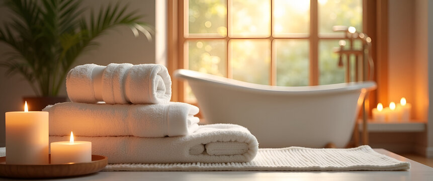 An inviting self-care setting illustrating a home spa experience, featuring soft towels, scented candles, and a cozy bath, with ample copy space for promotional messaging.