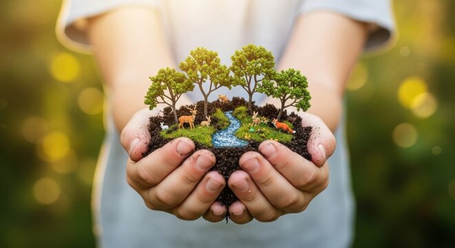 Child hands holding a miniature forest ecosystem with river and animals