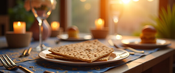 A vibrant scene capturing the essence of Passover traditions, featuring symbolic objects such as matzah and a Seder plate against a softly blurred background.