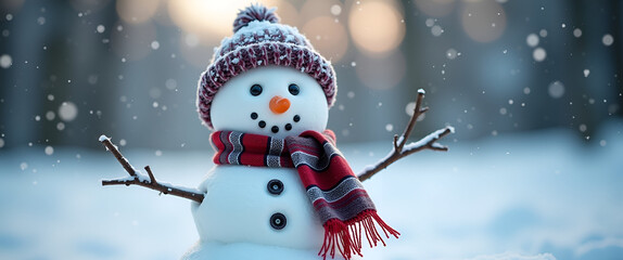 A close-up of a snowman adorned with a scarf and hat, offering a charming focal point with ample copy space to accommodate quotes or captions for holiday posts.
