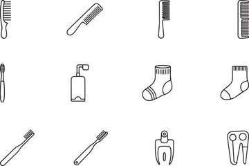 A smooth outline icon set for personal care accessibility. Grooming aid brush, long-handle hair comb, easy-grip toothbrush, dressing stick, sock aid, and adaptive nail clipper Vector illustration