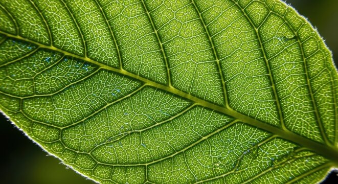 Macro close up of green leaf texture showing veins and cell structure