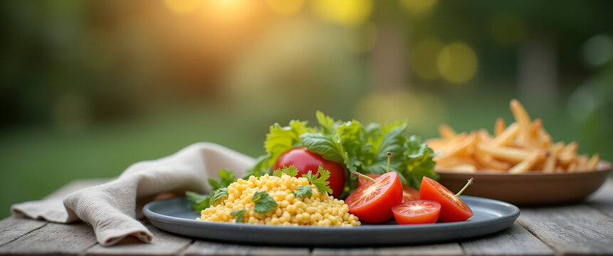 A serene outdoor setting featuring a simple meal and natural textures, captured in a way that highlights authenticity and offers copy space for text.